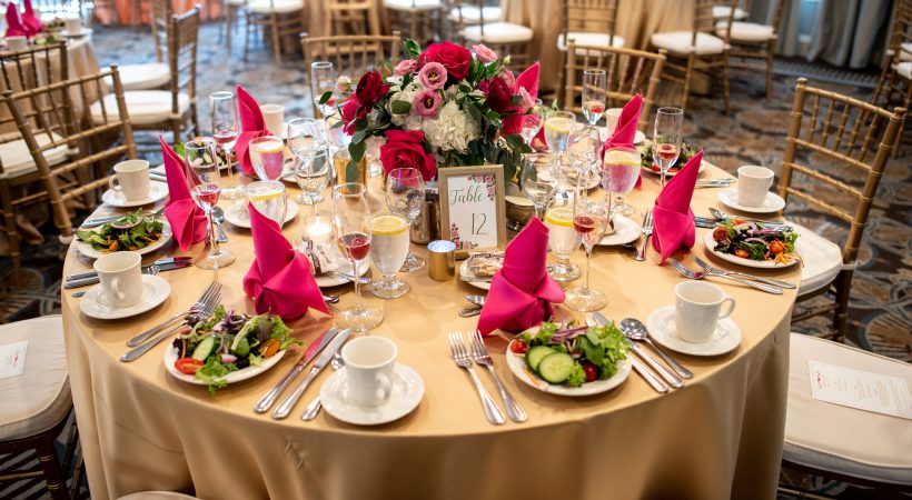 A table at a wedding at the Salem Waterfront Hotel & Suites.