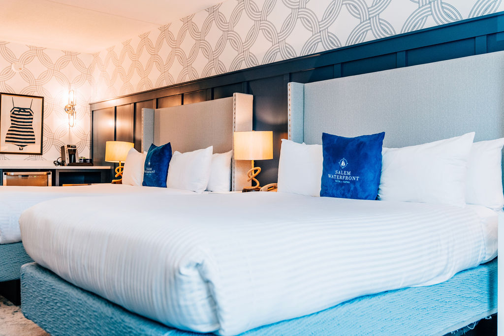 Deluxe Queen room at Salem Waterfront Hotel — two renovated queen beds, marble bathroom